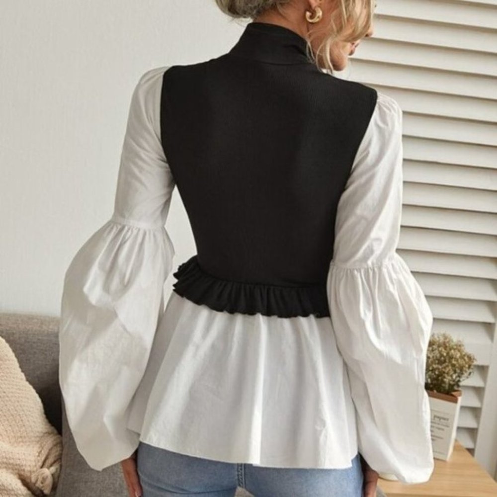 Mock Neck Lantern Sleeve Two Tone Peplum Top - Picture 3 of 7